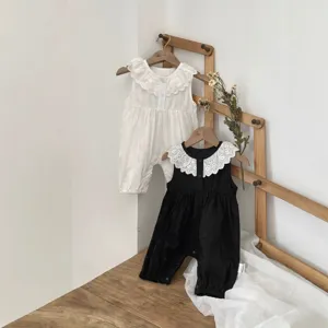 Baby girl summer pure cotton sleeveless romper with sweet lace collar, comfortable design.