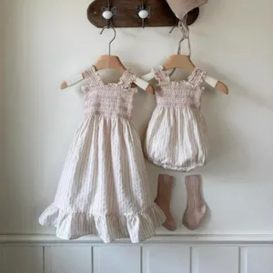 Summer infant baby girl sleeveless stripe smocked strap dress romper matching set cute apparel