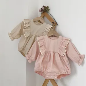 Infant Baby Girls Long Sleeve Cotton Romper Cute Ruffle Floral Jigsaw Jumpsuit Newborn Spring Fall Bodysuit Daily Infant Apparel