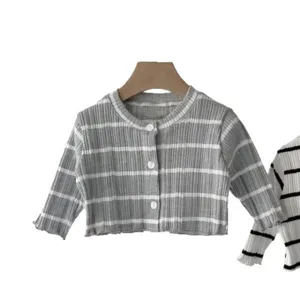 Adorable striped baby knit cardigan for spring and autumn, comfortable long sleeve outerwear.