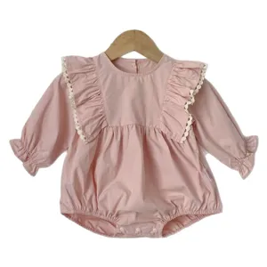 Cute baby girls long sleeve romper with sweet ruffles and lace trim, ideal for spring daily wear.