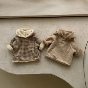 Infant winter fleece reversible plaid hooded cardigan jacket, cozy baby outerwear top.