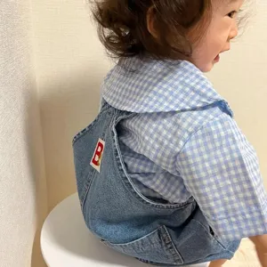 Infant summer plaid shirt denim overalls set toddler cute short sleeve baby clothes
