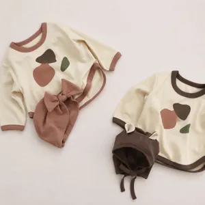 Cozy baby long sleeve sweatshirt set with color block trim and matching cute hat for autumn.