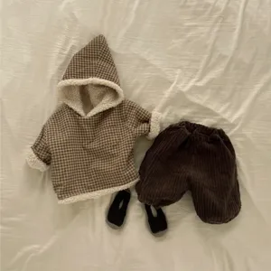 Baby winter fleece plaid hooded jacket and corduroy pants set, warm toddler outfit top.