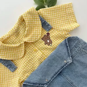 Toddler baby girls summer yellow plaid short sleeve shirt denim skirt clothing set cute bear