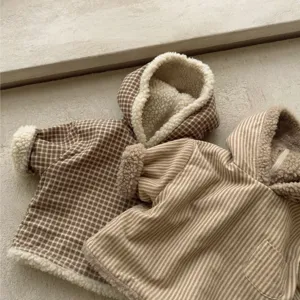 Cozy baby winter fleece-lined hooded jacket set featuring cute plaid and striped patterns.