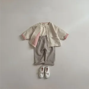 Toddler spring cotton striped pants set with open cardigan and comfortable white shoes