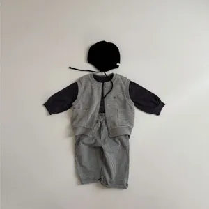 Children spring cotton casual outfit set with stripe pants, long sleeve top and vest.