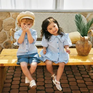Infant Baby Summer Plaid Short Sleeve Shirt Cute Bear Embroidery Round Neck Top