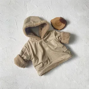 Baby fleece hooded jacket detail view showing soft plush lining and cute striped fabric texture.