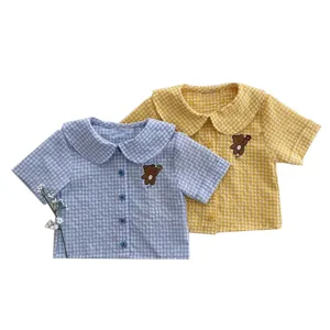 Infant summer short sleeve plaid shirt, cute bear embroidered baby boy and girl gingham blouse.