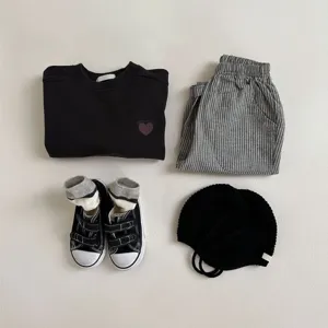 Kids spring cotton casual outfit set with stripe pants, sweatshirt, shoes and hat for baby wear.