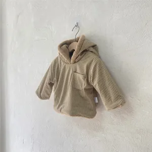 Infant baby corduroy fleece lined hooded jacket close up detail view winter warm outerwear