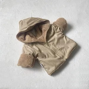 Baby winter fleece hooded jacket with cute bear ears, striped thermal outerwear for infants.