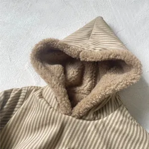 Baby winter hooded fleece coat detail, warm brown striped jacket for infants and toddlers.