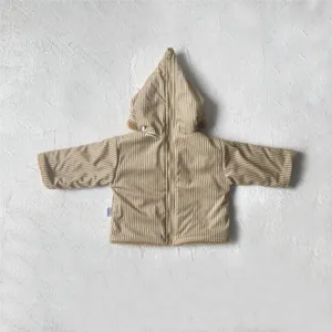Infant winter striped hooded jacket with cozy plush lining and cute pointed hood flat lay top.
