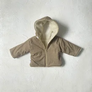 Infant baby winter plush plaid reversible hooded cardigan jacket warm outerwear top