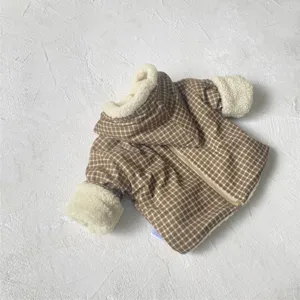 Infant winter plaid hooded fleece jacket, cozy reversible baby coat with front zipper.