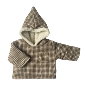 Infant winter plaid hooded jacket with cozy sherpa fleece lining and cute pointy hat design.