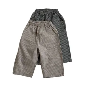 Kids cotton casual pants vintage striped trousers with big pockets for toddler boys girls