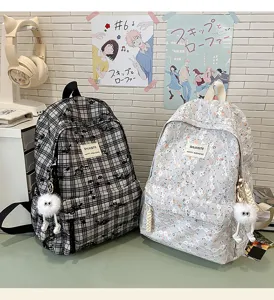 Japanese style casual backpack student school bag floral plaid daily use cute design bag