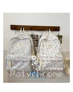 Japanese sweet floral lace backpack with cute furry pendant, fresh style casual daypack.