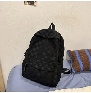 Black checkered backpack large capacity casual school bag for women students daily commuting