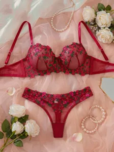 Detailed shot of exquisite red floral embroidered sheer mesh bra and thong lingerie set.