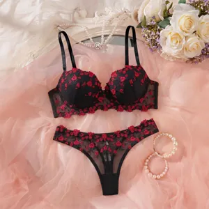 French floral embroidered bra and panties two-piece set, elegant sheer lingerie for women.