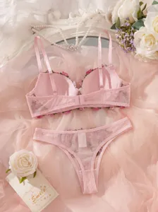 Pink floral embroidered french bra and thong lingerie set, thin sexy two piece set.