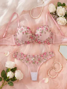 Pink floral embroidered french bra and thong lingerie set, sheer mesh sexy two-piece underwear.
