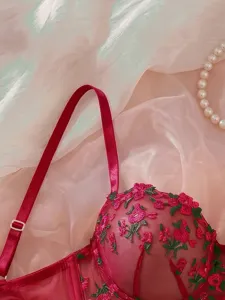 Close-up of pink floral embroidered mesh lingerie detail showing delicate straps and texture.