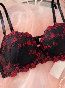 Exquisite black and red floral embroidered lace bra, elegant design, comfortable fit.