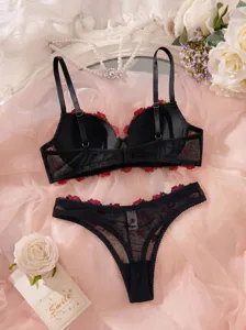 Black floral embroidered lace lingerie set, sexy French style sheer bra and panty set.
