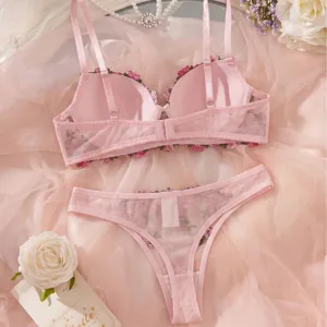 Pink floral embroidered lingerie set, elegant french style bra and panties main view.