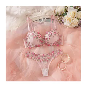 Pink floral embroidered French bra and thong lingerie set, sexy thin two-piece underwear.