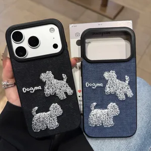 Funda de Teléfono Premium Bordado Perro de Dibujos Animados de TPU Cuero Denim Protección Anti Caídas Cubierta Para iPhone 16 15 14 13 Pro Max