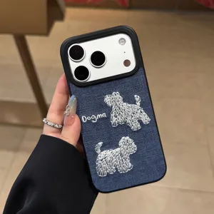 Funda de teléfono de mezclilla con perrito bordado de lujo para iPhone 16 15 14 Pro Max