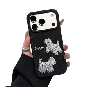 Funda de teléfono móvil bordada de perro elegante para iPhone 15 16 Pro Max cubierta
