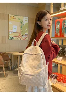 Casual beige checkerboard backpack for daily use, stylish and large capacity school bag.
