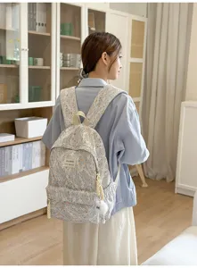 Japanese style floral backpack with lace mesh design, cute pom-pom charm, perfect for daily use.