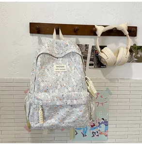 Japanese fresh floral backpack for women, cute lace school bag for teen girls and college students.