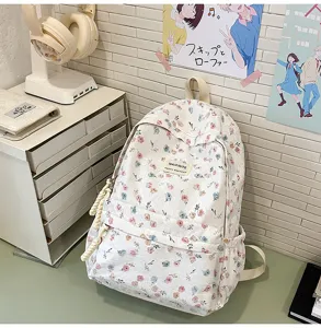 Japanese style floral canvas backpack for students, sweet casual school bookbag for teen girls.