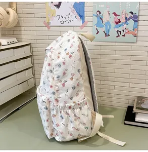 Floral backpack detail shot, Japanese style fresh design, ideal for daily school use.