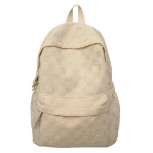Beige checkered casual backpack for daily use, stylish school daypack with front pocket.