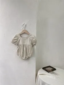 Baby beige cotton embroidered bubble sleeve baby romper, cute floral detail toddler baby clothes.