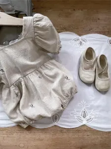 Cute baby girl linen bubble romper with delicate floral embroidery puff sleeve infant clothing