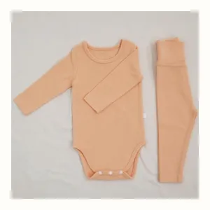 Infant baby long sleeve bodysuit high waist trousers set solid color peach apparel