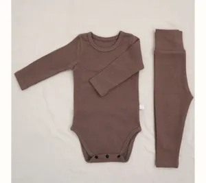 Infant long-sleeve baby romper and high-waist pants set, solid brown cotton comfortable daily wear.
